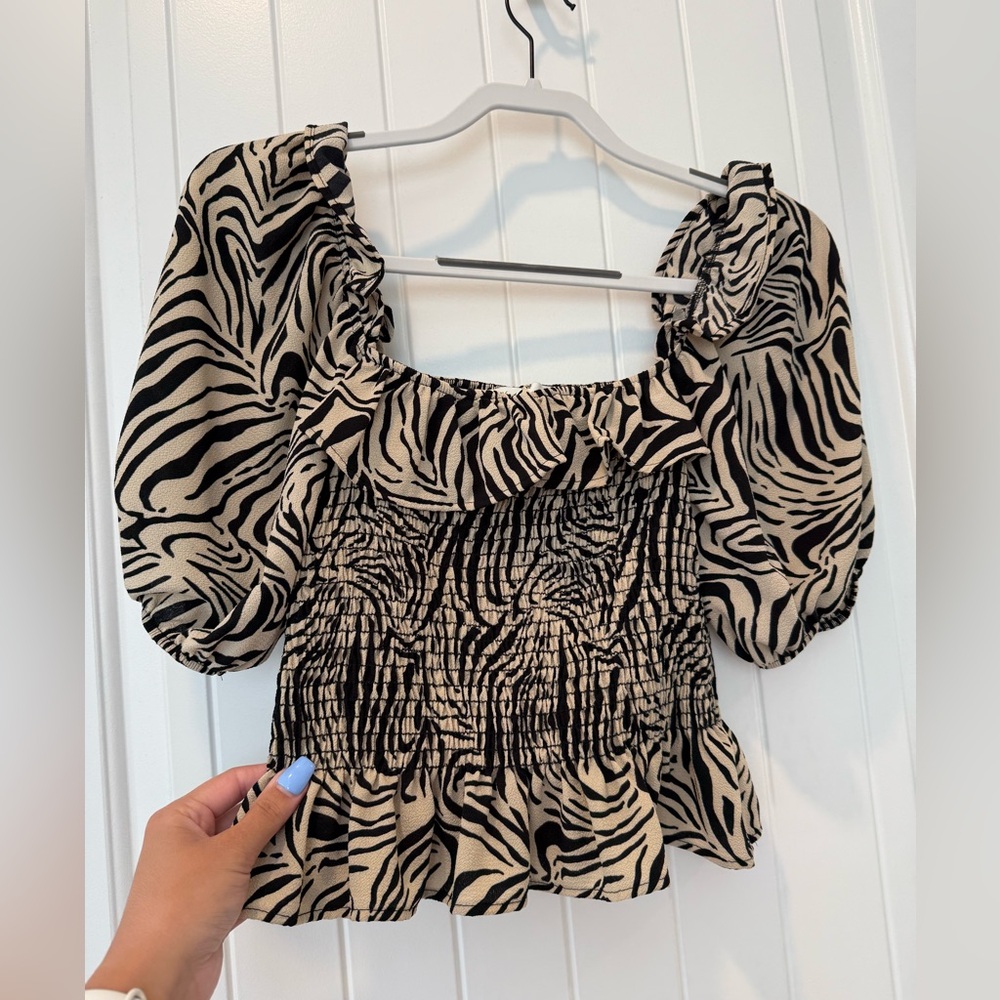 Vintage Havana Zebra Print Puffy Sleeve Blouse